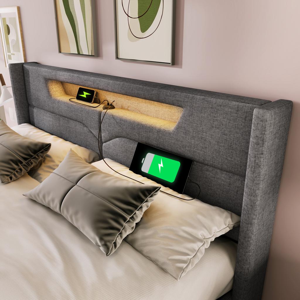 Upholstered LED Double Bed with USB Type C Charging and LED Lighting, Storage Bed Frame Made of Linen, Youth Bed 140x200 Slatted Frame (With Mattress)