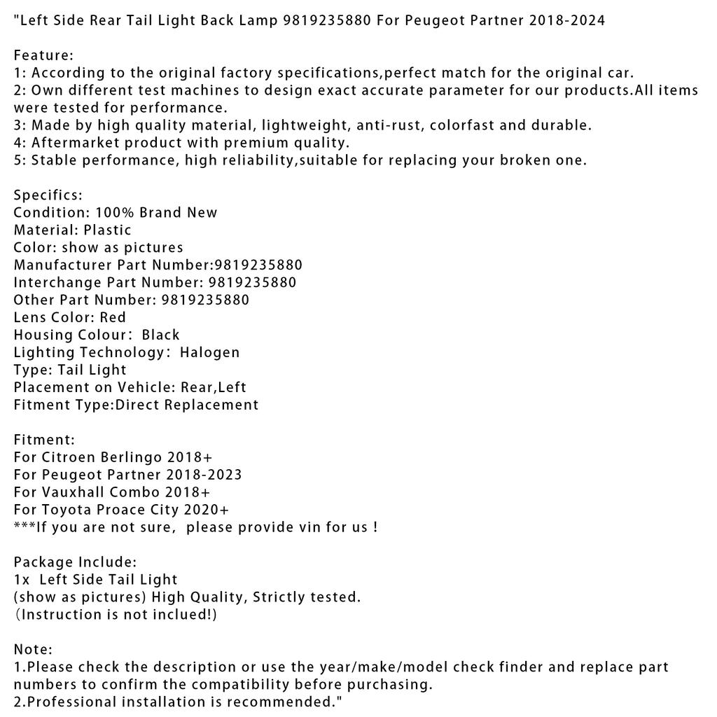 Left Side Rear Tail Light Back Lamp 9819235880 For Peugeot Partner 2018-2024