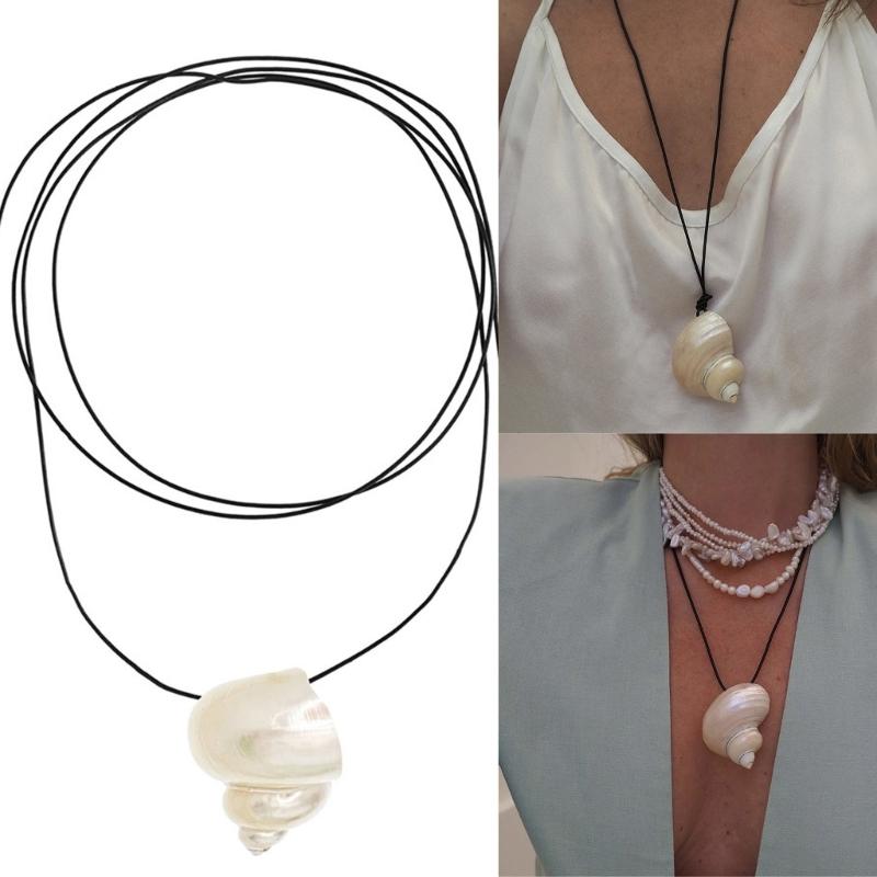 Adjustable Shell Necklace 120cm PU Leather Cord Clavicle Chain Coastal Style Accessory Stylish Neckchain Accessories