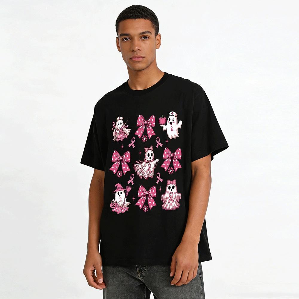 Pink Ghost Bow Breast Cancer Awareness Graphic Top Pure cotton T-shirt