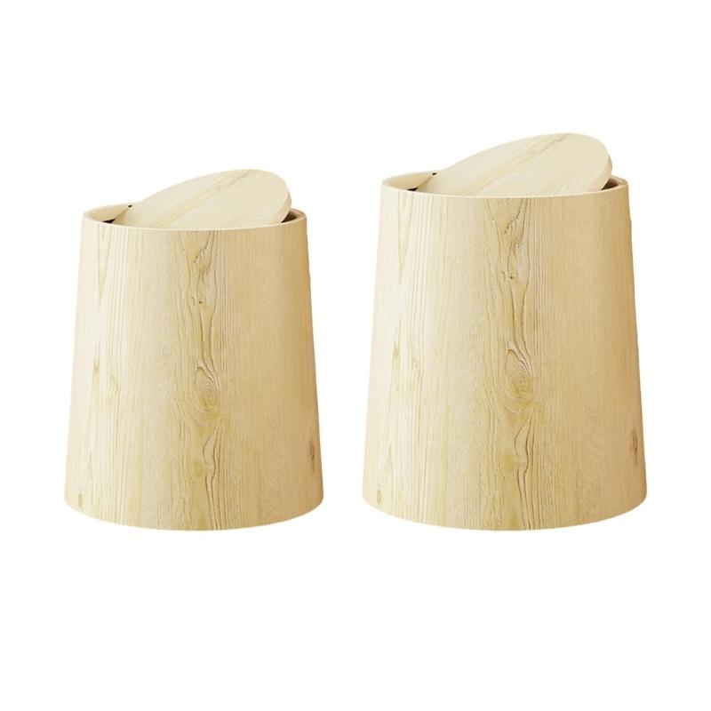 Retro Plastic Wastebasket with Simulation Wood Grains Pattern Flips Top Cover Trash Can For Small Space Office and Bedroom