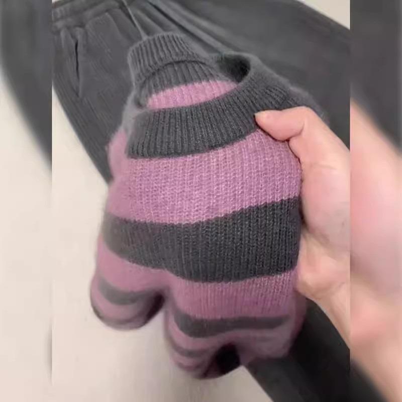 

Super good-looking raccoon fleece sweater women s autumn and winter high-end sense lazy style chic striped soft waxy knitted sweater thickened XL