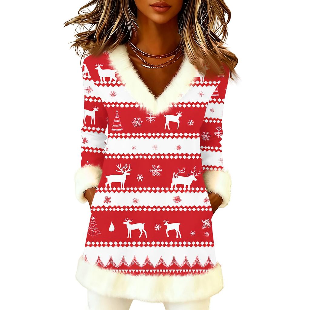 Women's Christmas Fashion Plush V-Neck Pullover Printed Long-Sleeved Top