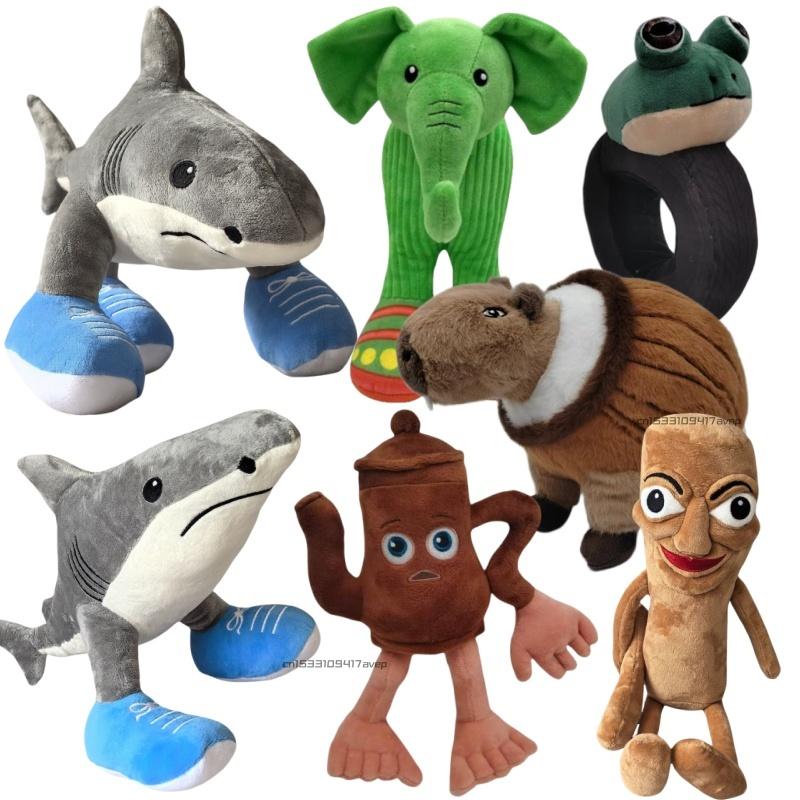 Plush Sneakers Shark Monsters Toys Capybara In Wooden Barrel Bucket Wheel Frog Wooden Man Anime Figure Doll Toys For Kids
