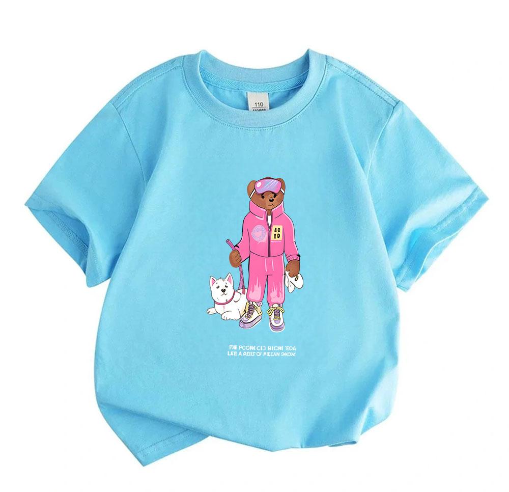 Kids Unisex 100% Cotton Crew Neck Short Sleeve T-Shirt, Cute Cartoon Bear in Pink Tracksuit with Pet Dog Print Casual Soft Tee for Boys Girls Daily We