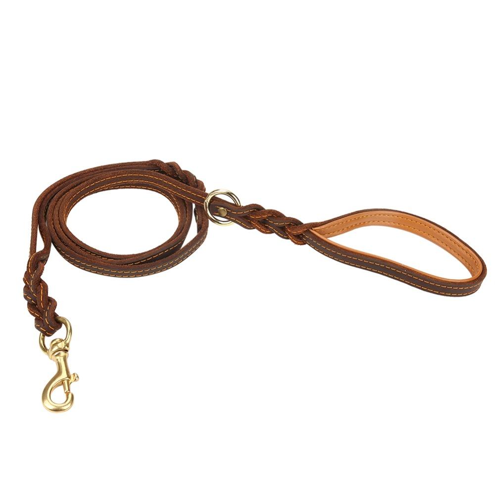 Double Handle Leather Dog Leash Genuine Cowhide Brass Hook Dog Rope German Shepherd