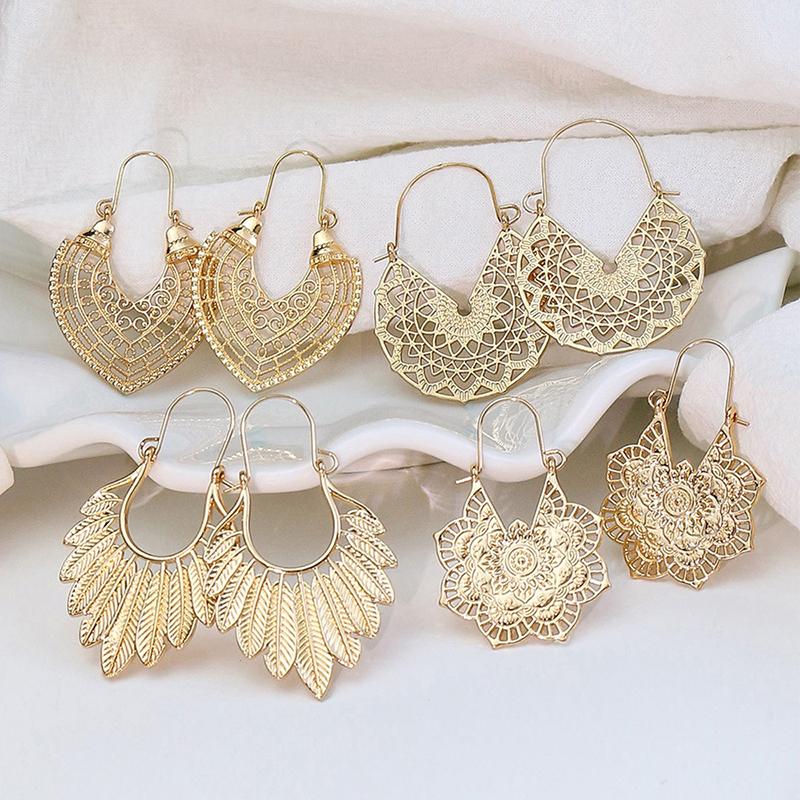 Vintage Drop Earrings For Women Ethnic Gypsy Geometric Hollow Carved Flower Leaf Jewelry Antique Silver Color Fashion Earrings