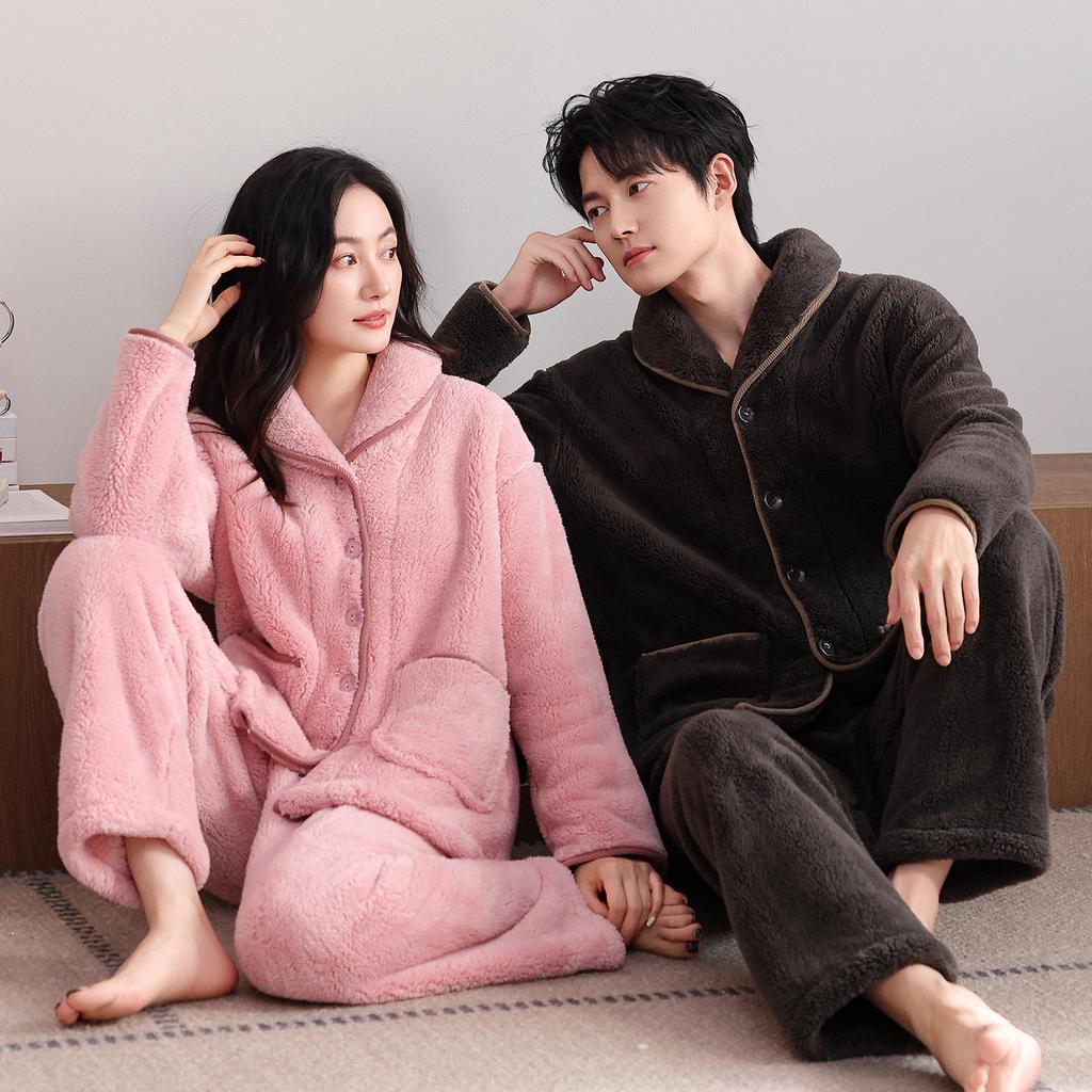 Couple pajamas winter warm coral fleece men's long-sleeved trousers high-end women's flannel loungewear set