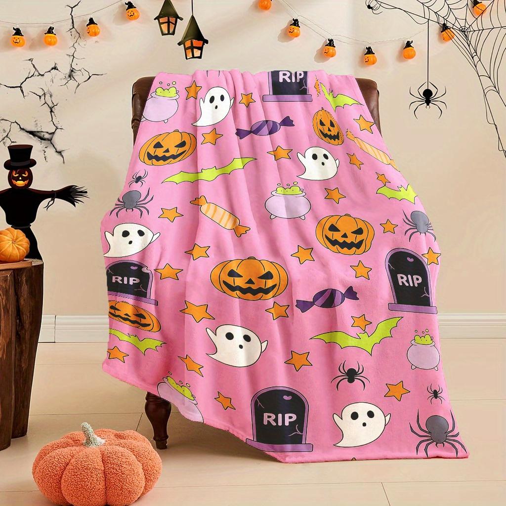 1pc Halloween Blanket with Ghosts, Bats, Pumpkins & Tombstones - Soft Pink Purple Orange Yellow Flannel Throw for Couch, Bed