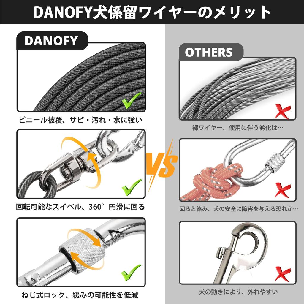DANOFY Dog Tethering Wire Lead Cable 5mm Dog Tethering Cable with Improved Carabiner and Runner Training Lead for Outdoor Garden Suitable for and