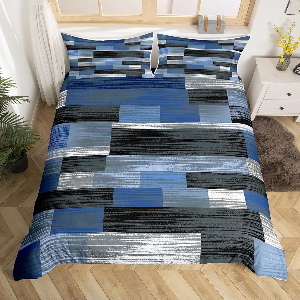 Geometric Bedding Set,Patchwork Plaid Duvet Cover Twin King for Teens Adults,Retro Vintage Comforter Cover,Wooden Plank Bed Set