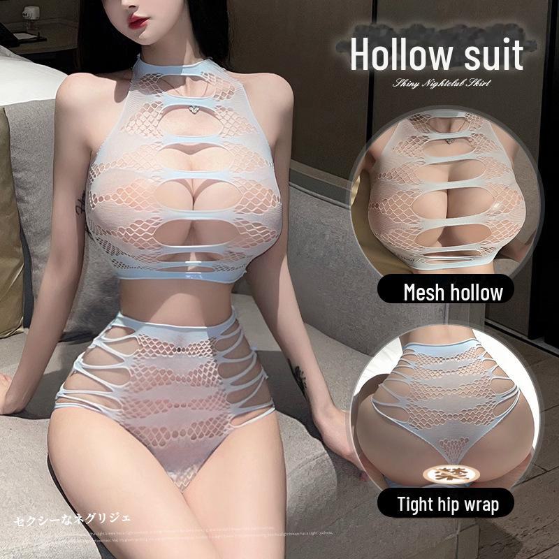 Lingerie sexy Manyan: Ensemble robe résille déchirable et bas fendus à la taille 7310