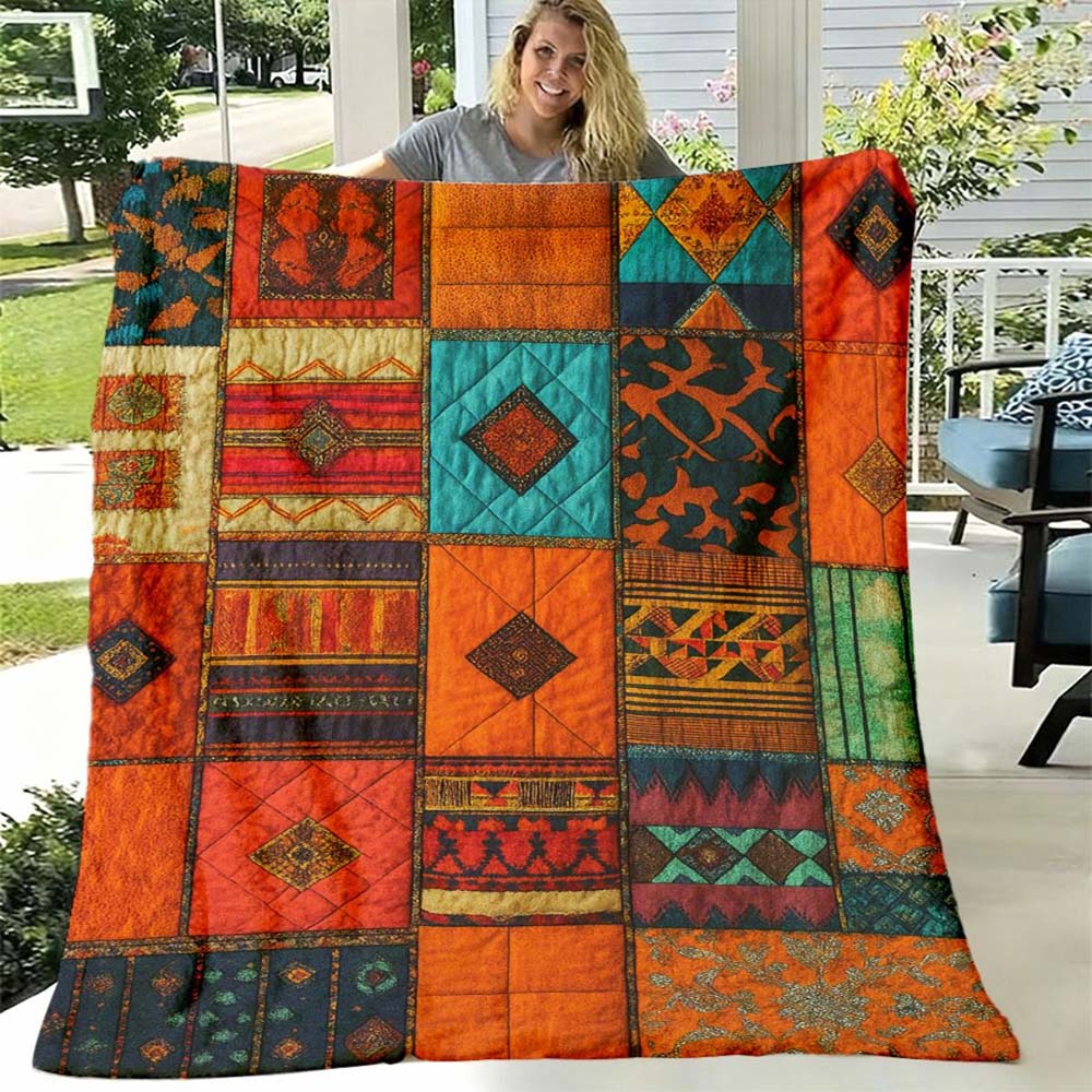 1Pc  Blue Patchwork Print Flannel Blanket Soft Cozy Warm Throw Blanket For Home Couch Bed