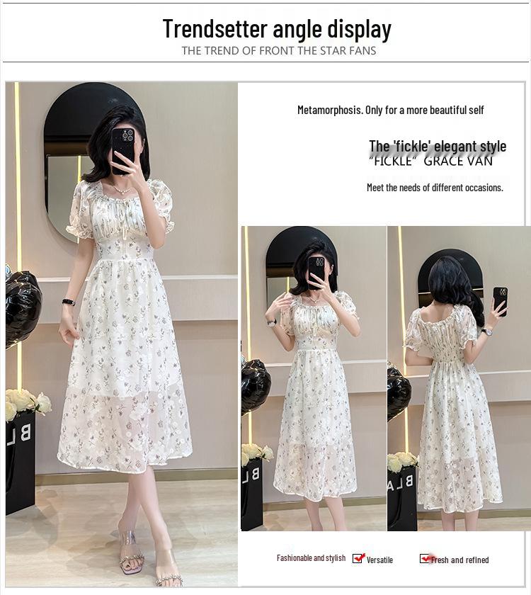 French Ruffle Square Neck Floral Jacquard Midi Dress with Puff Sleeves