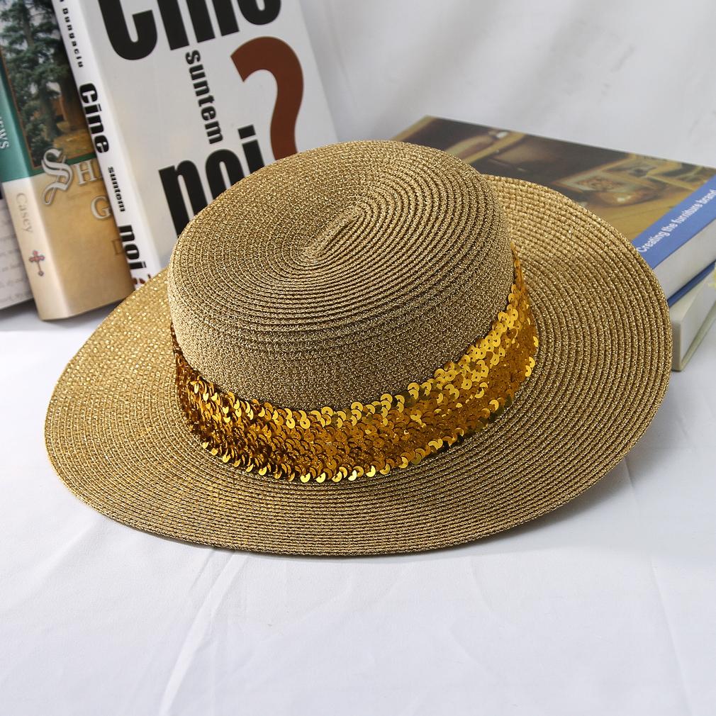Flat Top Hat Sequins Decor Straw Hat 