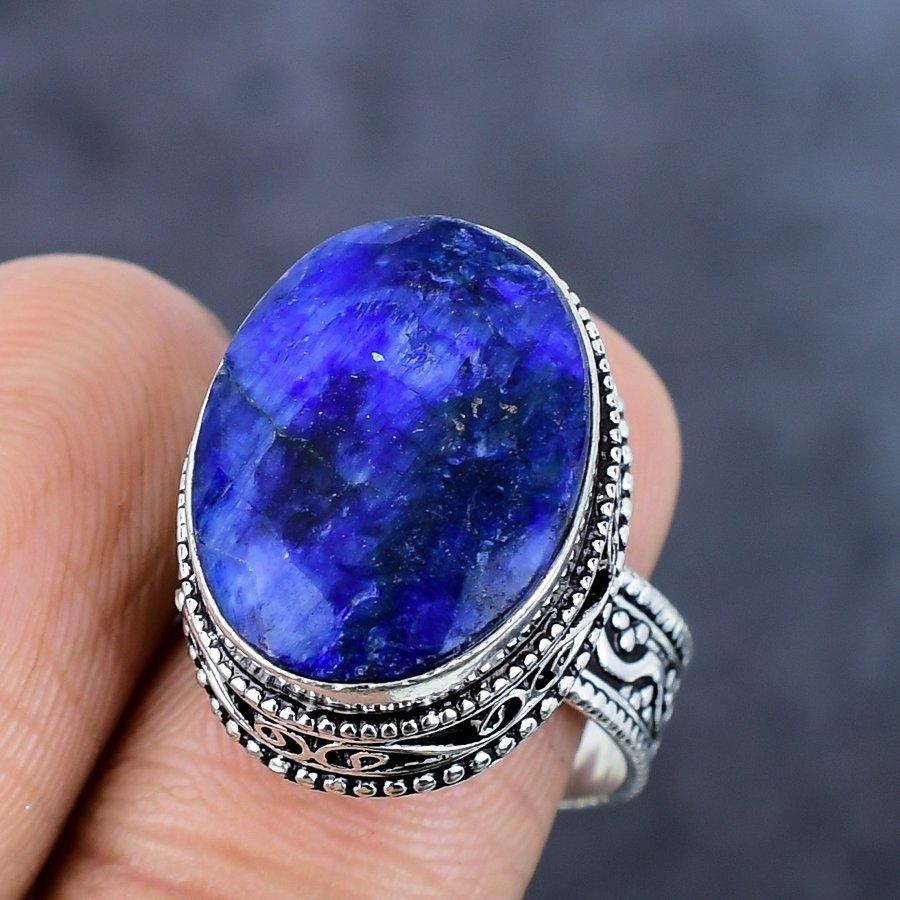 Natural Sapphire(Simulated) 925 Sterling Silver Jewelry Ring Size 9 j0K75