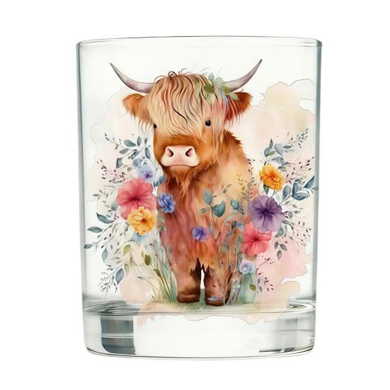 Bicchiere in Vetro Mucca delle Highlands, Bicchiere Termico Acquerello Floreale Dipinto a Mano, Tazza Trasparente per Latte Caffè Whiskey, Regalo per Amanti degli Animali
