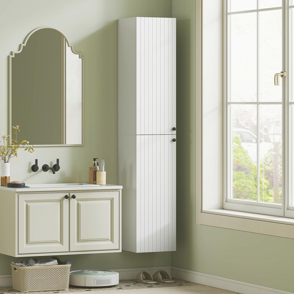 Wall-mounted Bathroom Cabinet, Lacquered Surface, 6 Shelves, MDF, White