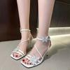 ZA2025 summer new butterfly high-heeled sandals women's simple square head one-word buckle high-heeled shoes medium-heeled women's shoes