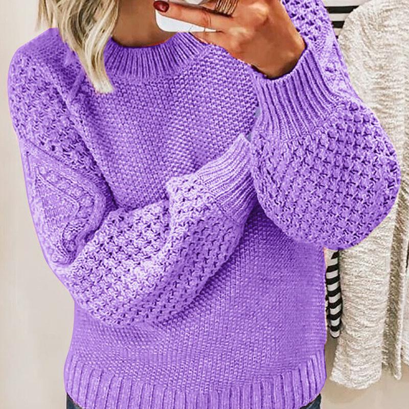 Women's Long-Sleeve Round Neck Cable Knit Pullover Sweater – European & American Fashion