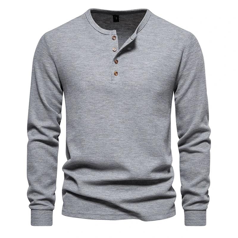 Waffle Henley T-Shirt Men Long Sleeve Basic Breathable Men's Tops Tee Shirts New Autumn Casual Solid Color Button T Shirts