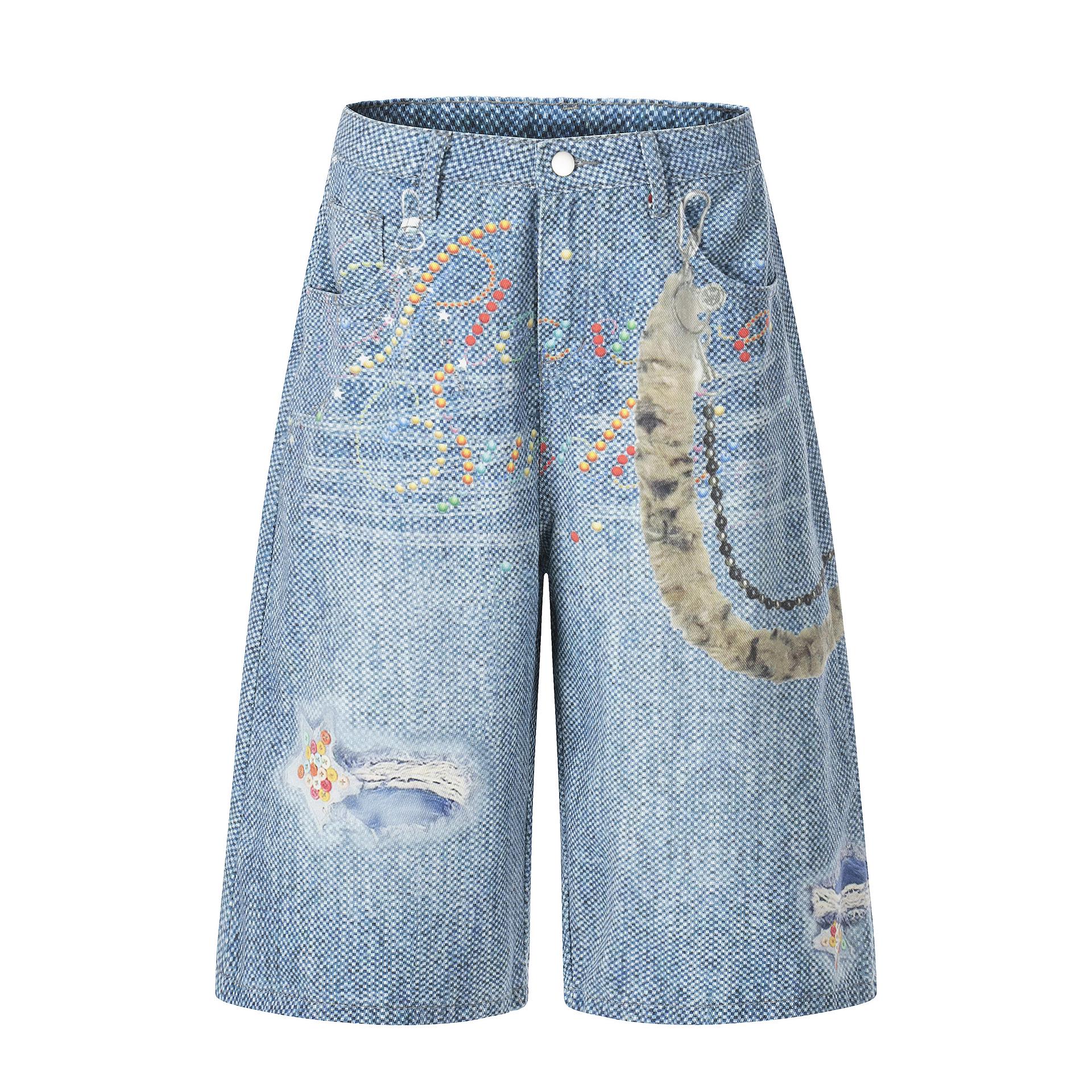 

Unisex 3D Chain Print Bermuda Denim Shorts - Trendy AC Style Capri Pants Large синий
