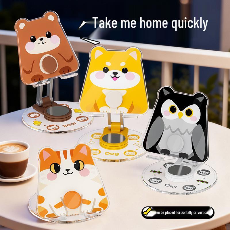 Acrylic Cartoon Animal Phone Holder: Rotating, Folding, Multi-functional for Desktop, Live Broadcast & Drama Viewing.