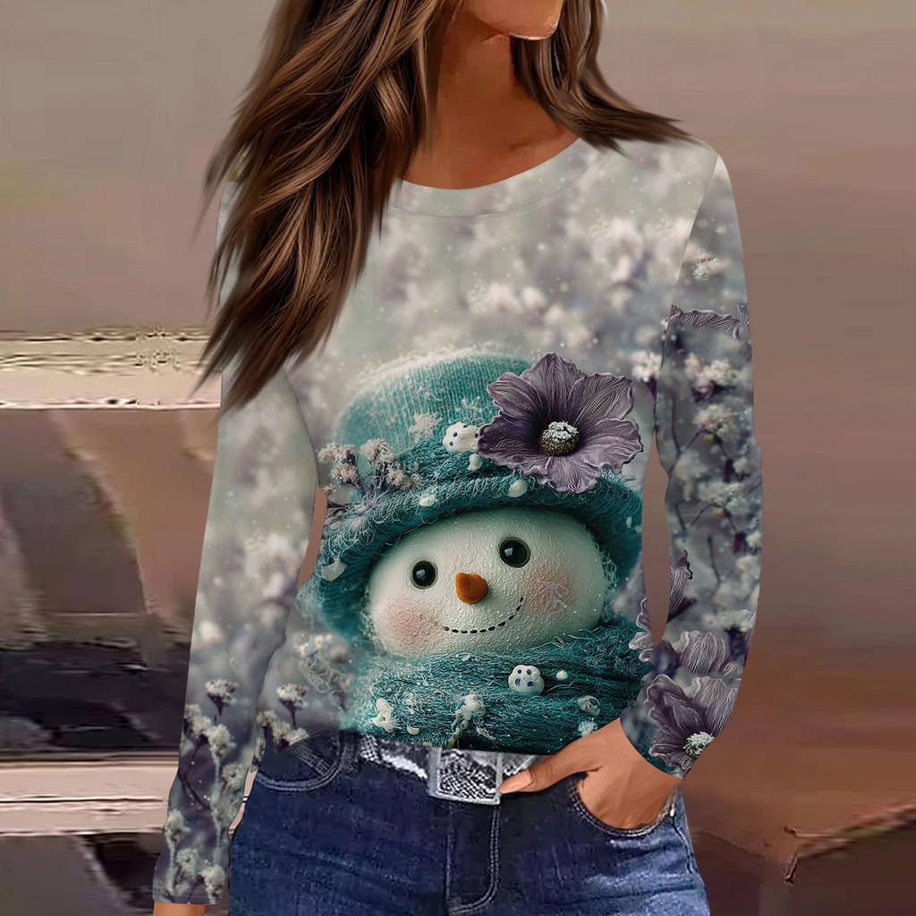 Women's Fashion Casual Slit Hem Round Neck Long Sleeve Loose Printed T-Shirt Ladies Top Christmas