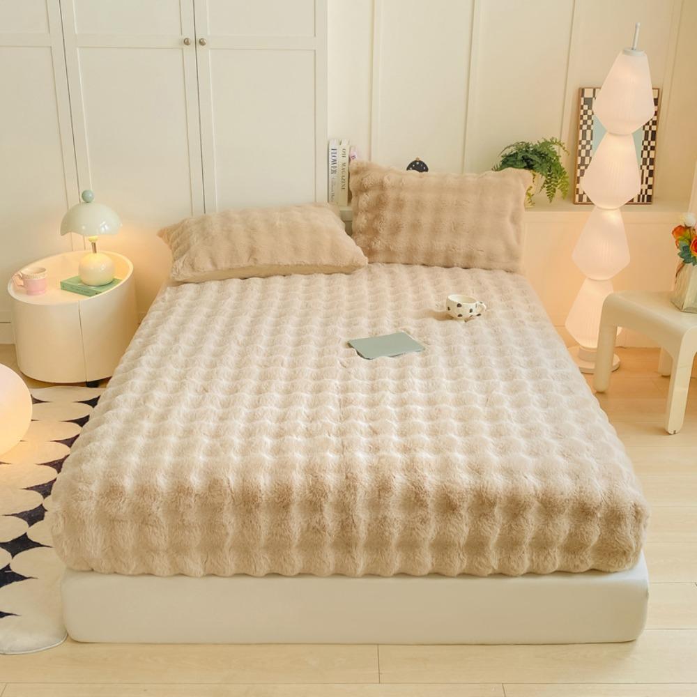 Class A Bubble Fleece Solid Color Fitted Sheet Thickened Mattress Protector Cover Fleece Bed Sheet Single Piece