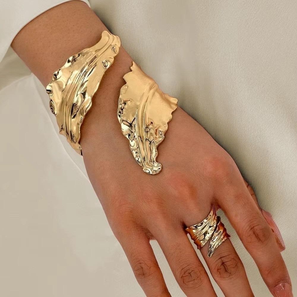 Spiral Opening Pleated Leaf Bracelet Gold Jewelry Accessories 2025 Ring Set  For Women Girls