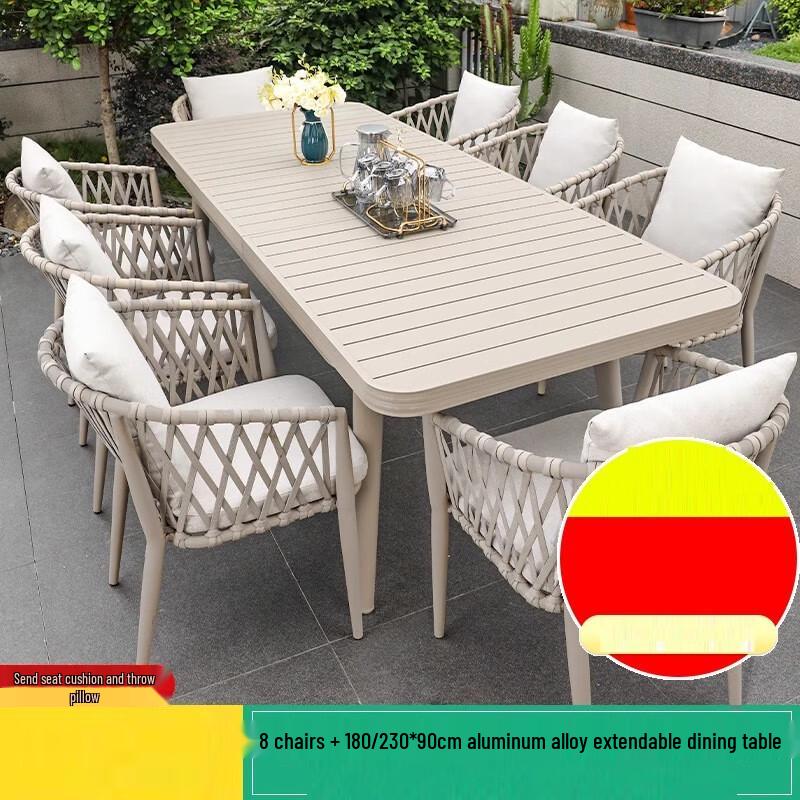 Outdoor Rattan Dining Set with Extendable Table and 8 Chairs