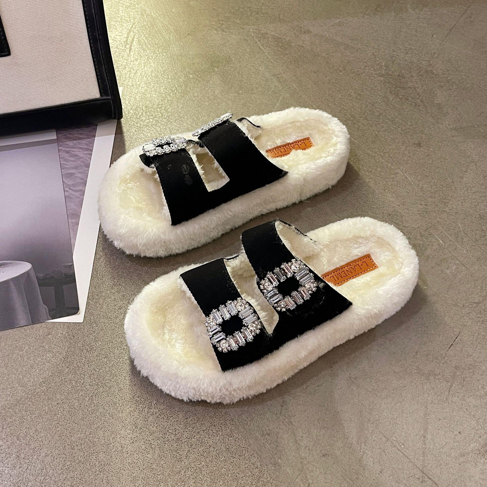 

Модные шерстяные тапочки с толстой подошвой, женские, двухрядные, большого размера, новая линия с резинкой, шлепанцы для улицы, плюс кашемировый хлопок, дышащий 41 чёрный