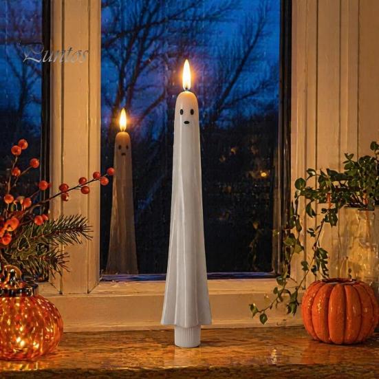 Spooky Home Decoration for Halloween Ghost Flameless Taper Candles, Battery Operated Flickering Candle Light with Indoor Table Centerpieces