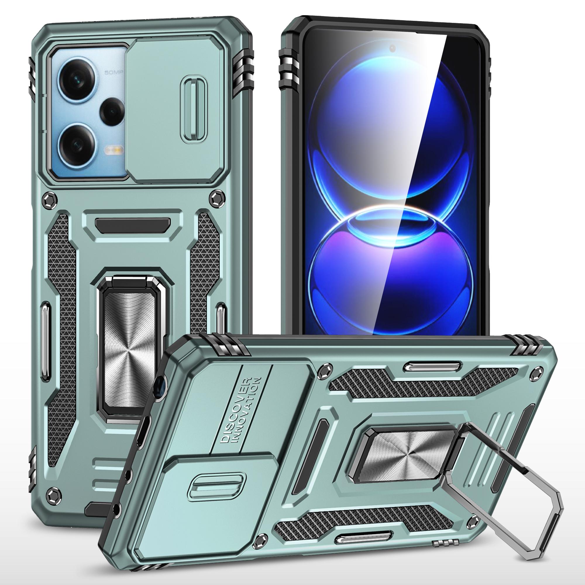 

Серия Armor для Xiaomi Poco X5 Pro 5G/Redmi Note 12 Pro Speed 5G/Note 12 Pro 5G Чехол для телефона с крышкой-слайдером для объектива, подставкой, PC+TPU чехол Green