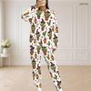 Women Plus Size Round Neck Long Sleeve Halloween Cactus Print White Two Piece Loungewear Set