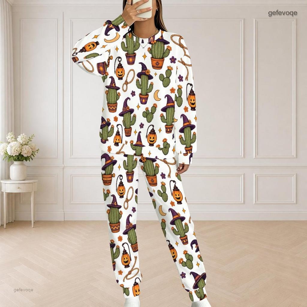 Women Plus Size Round Neck Long Sleeve Halloween Cactus Print White Two Piece Loungewear Set
