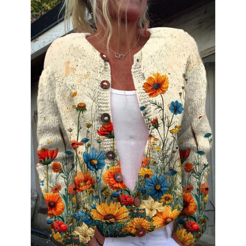 Cardigan Tricot Femme Col Rond Boutonnage Simple Imprimé Floral Manches Longues Vêtement d'Extérieur Décontracté
