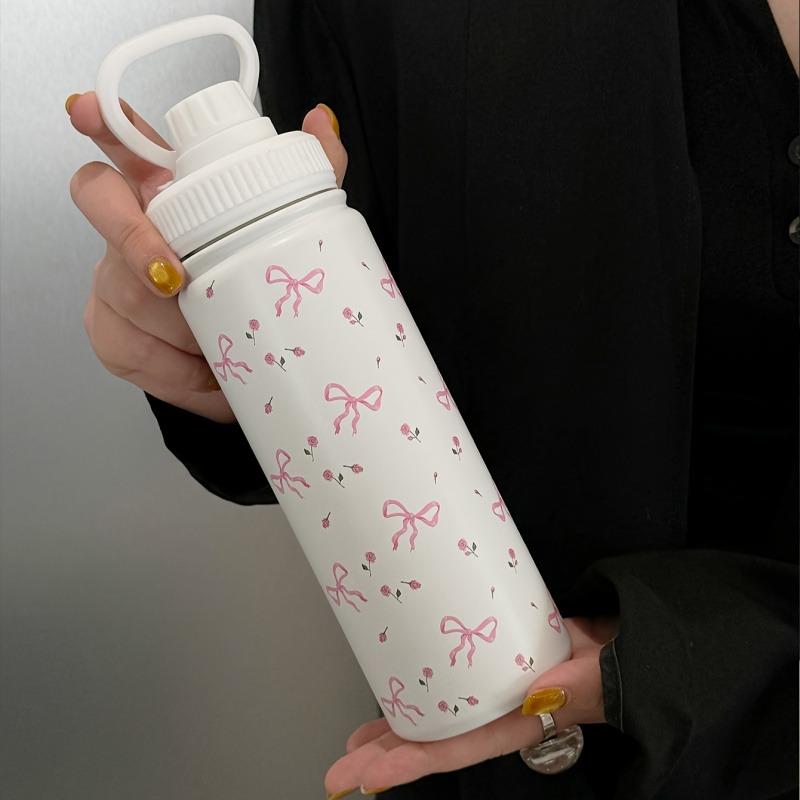 600ml Bow Thermal Water Bottle with Straw Lid Stainless Steel Insulated Vacuum Flask Cup  Leakproof Travel Coffee Mug Drinkware 600ml белый