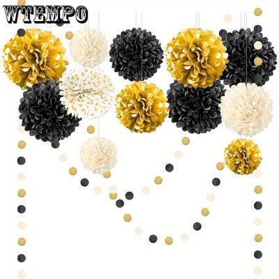 15 Stück Seidenpapier Pompons Set Schwarz Goldene Partydekorationen für Party Hochzeit Geburtstag Verlobung Abschlussfeier Dekoration Papiergirlande Blumenkugel