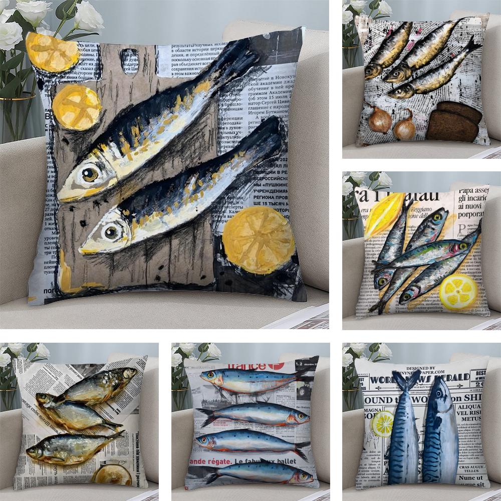 Colorful Sardine Lobster Cushion Cover Soft Plush Fabric DoubleSided Printed Sofa Cushion Cover for All Seasons Home Decor Gift