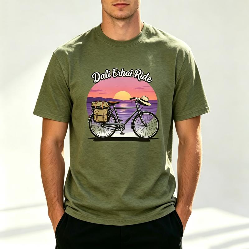 Dali Erhai Ride Sunset Bicycle Graphic Print T Shirt Unisex Unisex 100 Cotton Short Sleeve Casual Outdoor Cycling Travel Tee