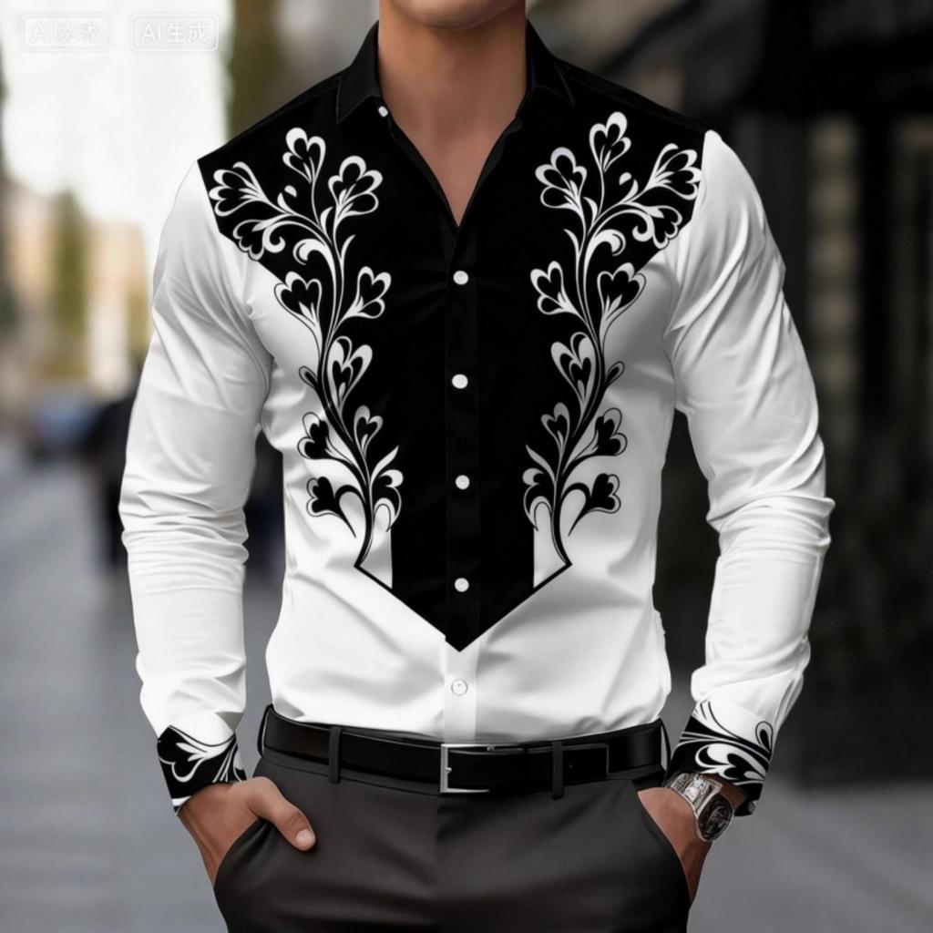 Trendy Men's Long-sleeve Button-up Shirt with Intricate Decorative Floral Patterns