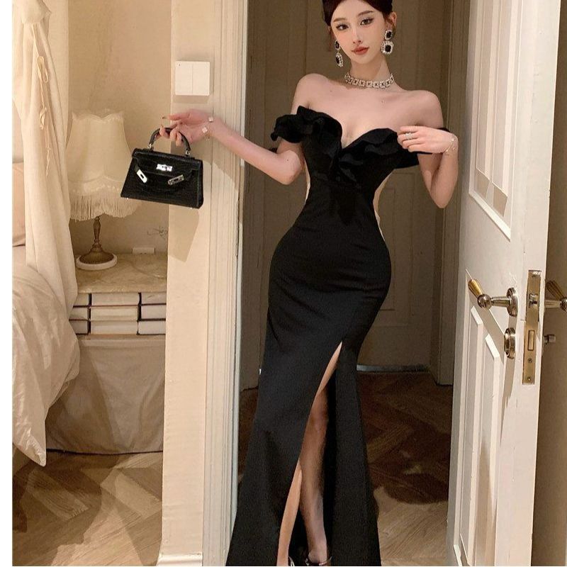 Summer Sexy Low-cut One-word Shoulder Tube Top Hip Skirt Women's New Design Split Fork Pure Desire Style Dress