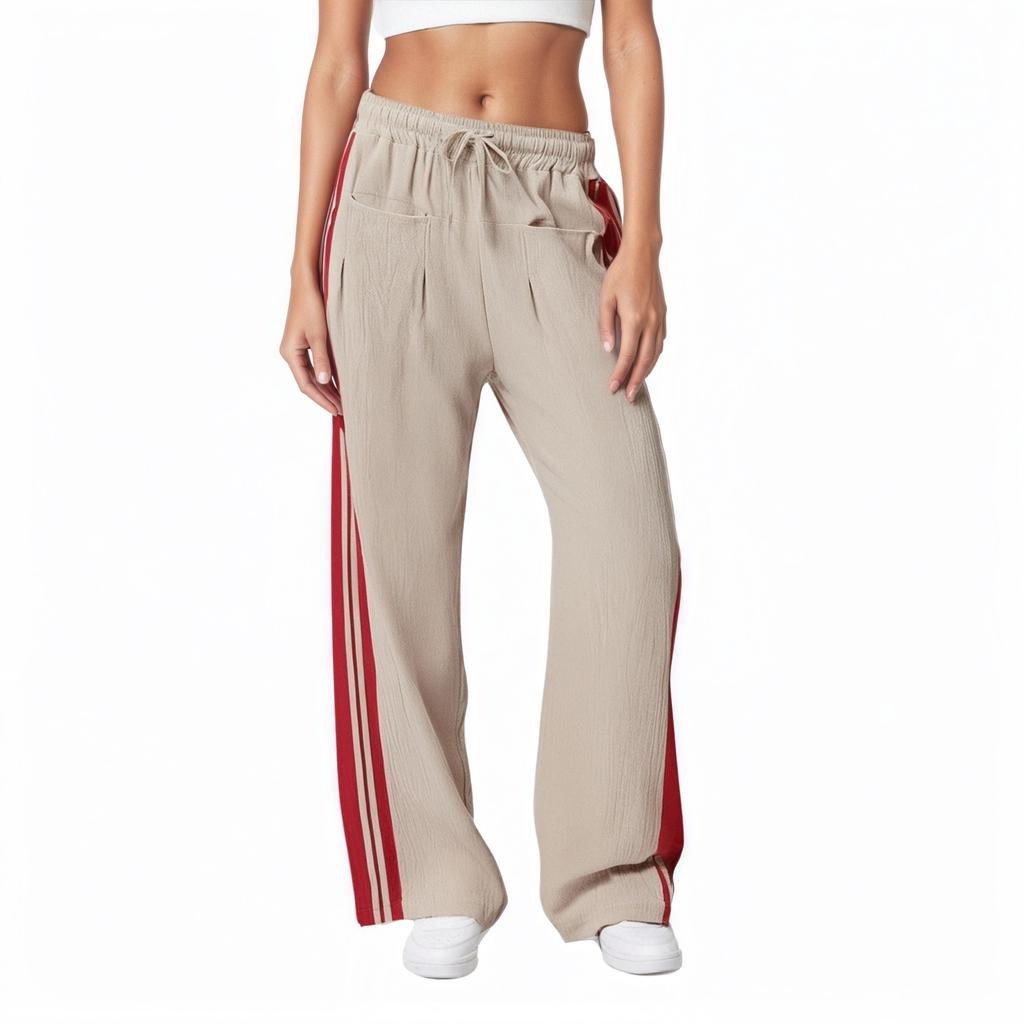 Women's Striped Side Loose Pants, Casual Waist Cinched Slanted Pocket Loose Pants