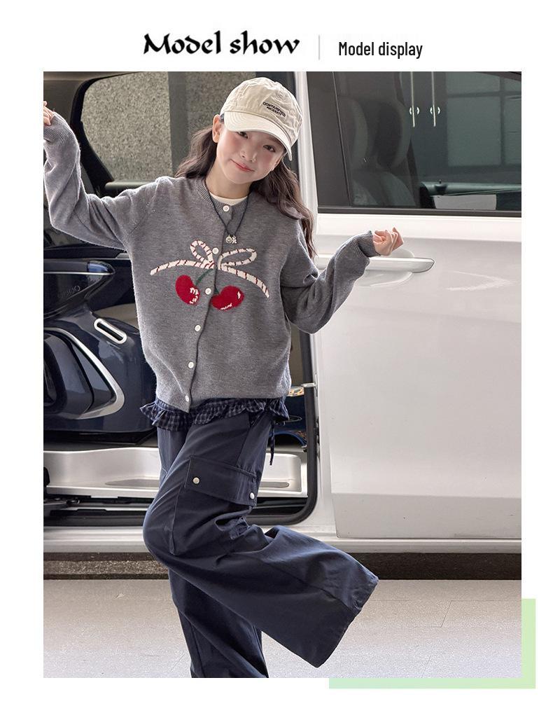 Cherry Embroidered Girls' Cardigan - Autumn 2026 Long Sleeve Knit Top for Medium and Older Children.