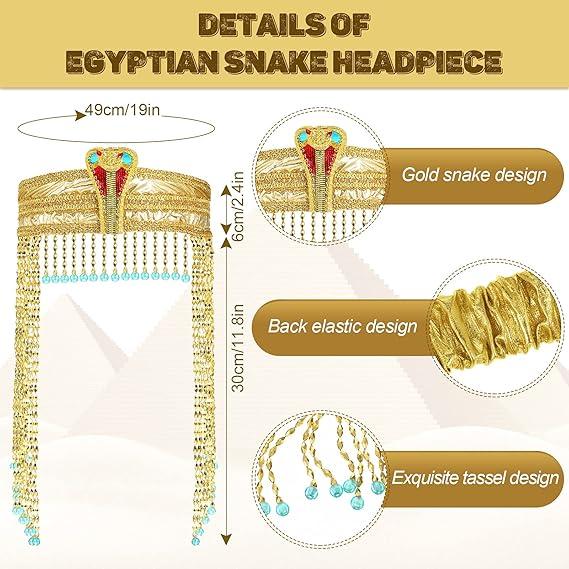 Egyptian-themed Party Costumes and Accessories, Including an Egyptian Princess Headdress, Snake Headdress, Belt, and Bracelets. 4-piece Set.