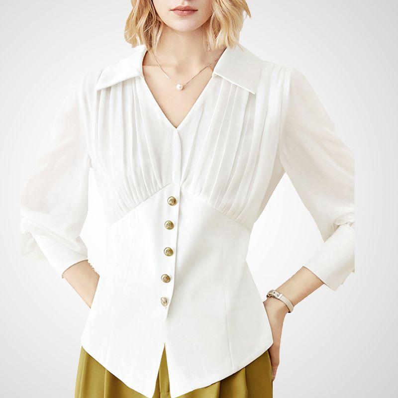 

Pleated Waist Tight Fashionable White Chiffon Shirt for Summer White XL