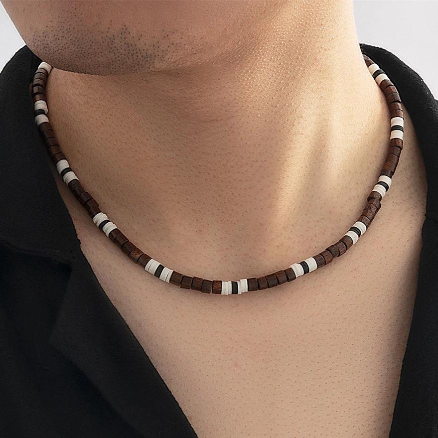 IngeSight.Z Men's Wooden Beaded Clay Necklace Fashion Vintage African Beaded Beach Surfer Necklace for Men Tribal Jewelry