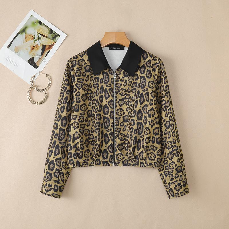 ZANZEA Damen Lässige Langarm Reißverschluss Leopardenmuster Dünne Jacken