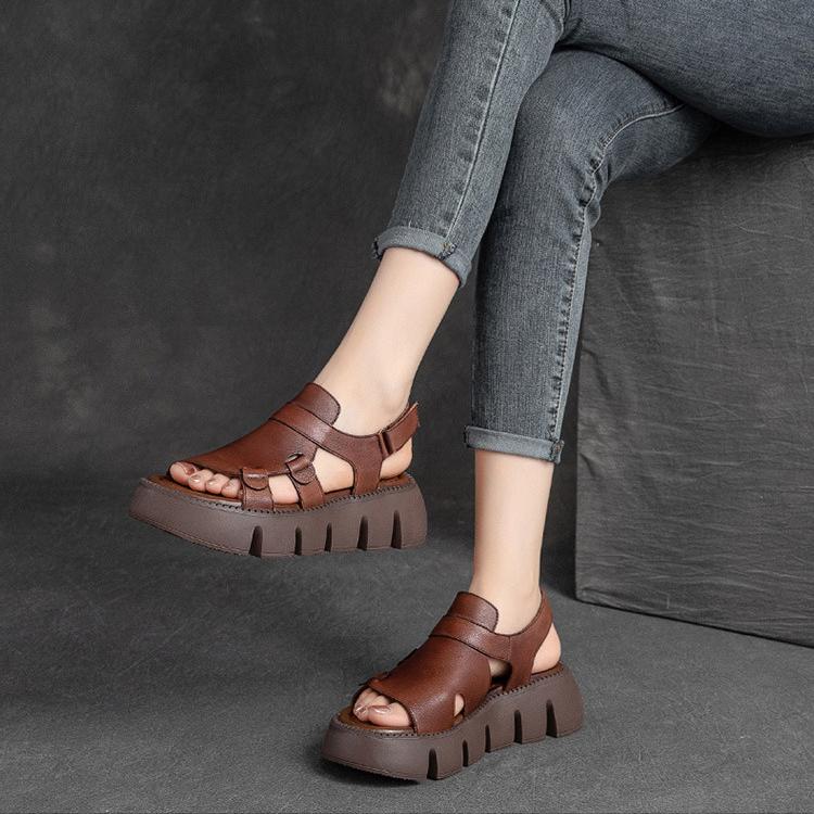 Johnature Γνήσιο δέρμα casual παχιά σόλα Peep Toe Σανδάλια Hollow Breathable Γυναικεία Παπούτσια Πλατφόρμας